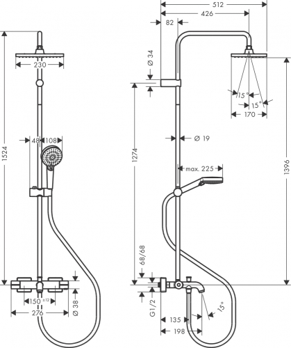 Hansgrohe Vernis Shape Showerpipe 230, 1 jet, termosztátos zuhanyrendszer kádtöltővel 26284000