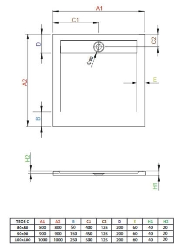 Radaway Teos C 90x90 cm szögletes öntöttmárvány zuhanytálca, fekete HTC9090-54