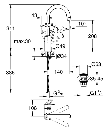 Grohe BauLoop egykaros mosdócsaptelep L-es méret click-clack-os leeresztővel 23891001
