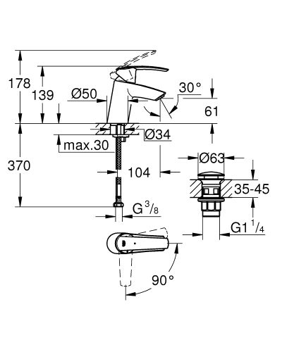 Grohe Start Egykaros mosdócsaptelep S-es méret klikk-klakkos leeresztővel 23551001