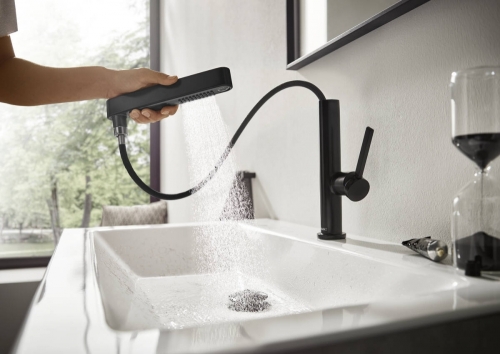 Hansgrohe Finoris egykaros mosdócsaptelep 230, kihúzható kifolyóval, 2 jet és push-open lefolyógarnitúrával, matt fekete 76063670