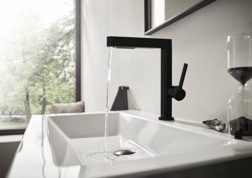Hansgrohe Finoris egykaros mosdócsaptelep 230, kihúzható kifolyóval, 2 jet és push-open lefolyógarnitúrával, matt fekete 76063670