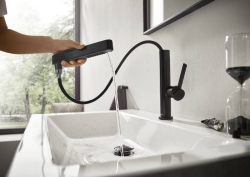 Hansgrohe Finoris egykaros mosdócsaptelep 230, kihúzható kifolyóval, 2 jet és push-open lefolyógarnitúrával, matt fekete 76063670