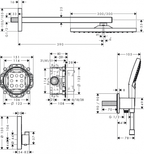 Hansgrohe Raindance E Zuhanyrendszer 300, 1 jet, és ShowerSelect Square 27952000