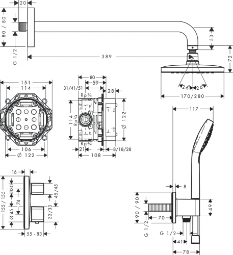 Hansgrohe Croma E Zuhanyrendszer 280, 1 jet, Ecostat E 27953000