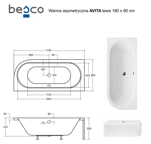 Besco AVITA 180x80 cm balos aszimmetrikus kád, fehér WAV-180-NL