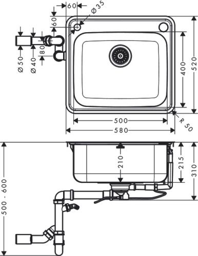 Hansgrohe S41 S412-F500 rozsdamentes mosogató 500/400 43336800