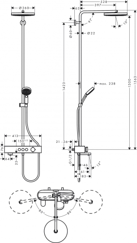 Hansgrohe Pulsify Showerpipe 260, 1 jet, és kádtermosztátos ShowerTablet 400, króm 24230000