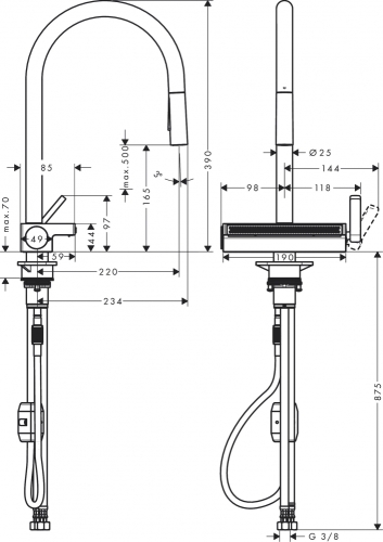 Hansgrohe Aquno Select M81 egykaros konyhai csaptelep 170, kihúzható fejjel, 3jet rozsdamentes acél hatású 73837800
