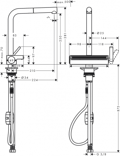 Hansgrohe Aquno Select M81 egykaros konyhai csaptelep 250, kihúzható fejjel, 2jet króm 73836000