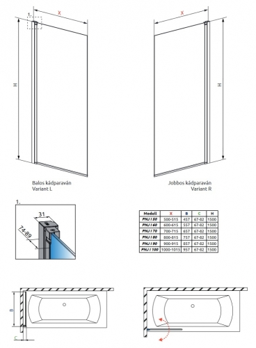 Radaway Nes Black PNJ I 70 J Frame kádparaván, jobbos 10011070-54-56R