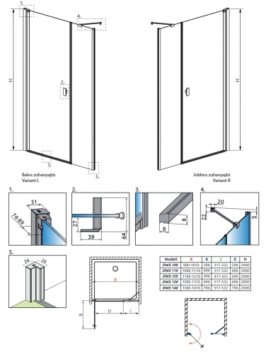 Radaway Nes Black DWS I 140 J fekete zuhanyajtó jobbos 10028140-54-01R