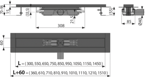 Alcaplast APZ101BLACK-300 BLACK Low zuhanyfolyóka peremmel perforált rácsokhoz, fekete-matt