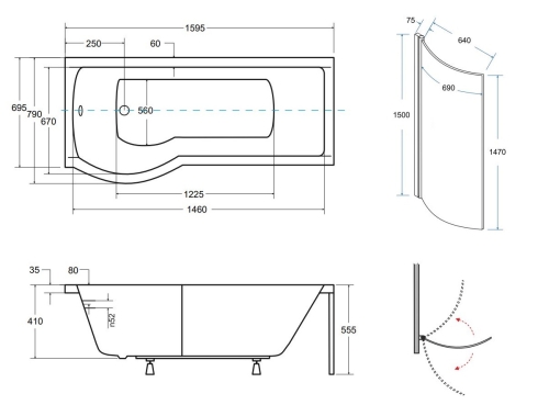Besco INSPIRO 160x70 cm balos aszimmetrikus kád kádparavánnal WAI-160-NLE