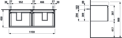 Laufen Pro S alsószekrény H814966 tip. dupla mosdóhoz 2 fiókkal, grafit H4835630964801