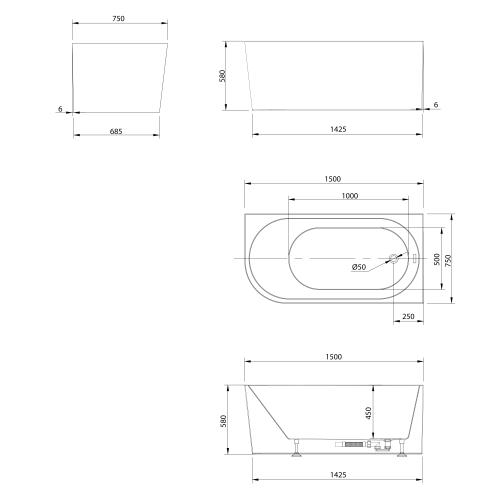 Sapho AQUALINE TIBERA R 150x75 cm szabadonálló akril kád, fehér E1035