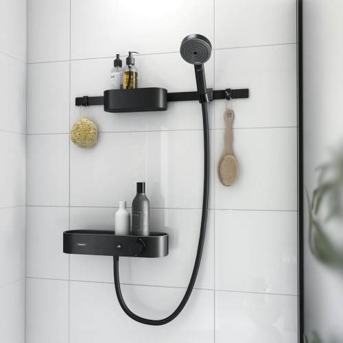Hansgrohe WallStoris Kézizuhany szett 105, 3 jet EcoSmart Activation, termosztát, zuhanyrúd 70cm, tároló szett matt fekete 24250670