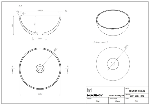 Marmy CONNOR 38 cm öntöttmárvány mosdó, fehér 6 301 68 04 10 18 (K)