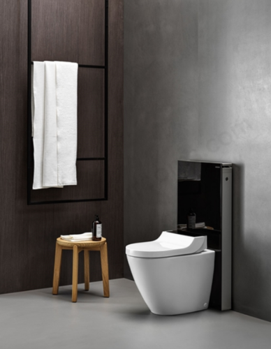 Geberit AquaClean Tuma Comfort álló WC komplett higiéniai berendezés, falhoz illeszthető fekete üveg 146.310.SJ.1