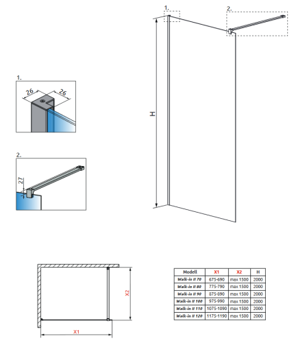 Radaway Nes Black Walk-in II Frame zuhanyfal 120 cm 10013120-54-56