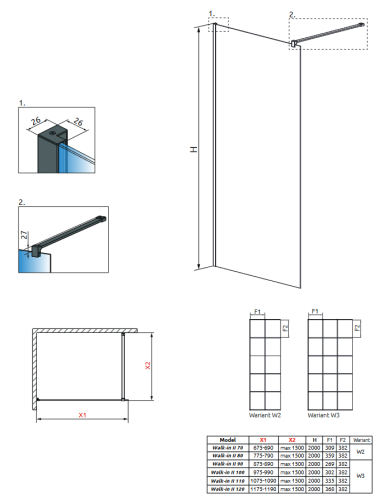 Radaway Nes Black Walk-in II Factory zuhanyfal 120 cm 10013120-54-55