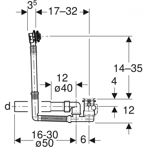 Geberit excenteres kádlefolyó készlet, d52, 32 cm hosszú, csatlakozókönyökkel, ellenáram elvvel 150.595.00.6