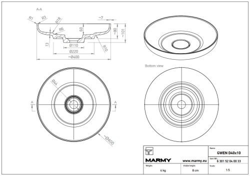 Marmy GWEN 40 cm ráültethető öntöttmárvány mosdó, fehér 6 301 52 04 00 18 (K)