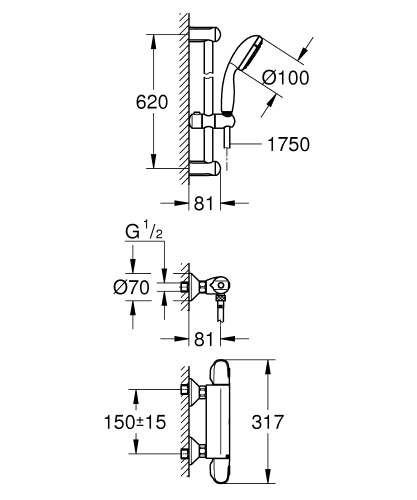 Grohe Grohtherm 1000 termosztátos zuhanycsaptelep zuhanyszettel 34557001