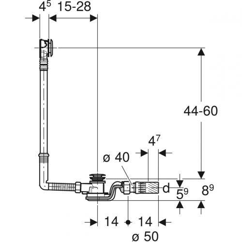 Geberit PushControl nyomó működtetésű kádlefolyó készlet, d52, 60 cm-es magasság, beépítő készlethez150.752.21.6