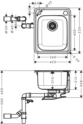 Hansgrohe S41 S412-F340 beépített rozsdamentes acél mosogató 340/400 43334800