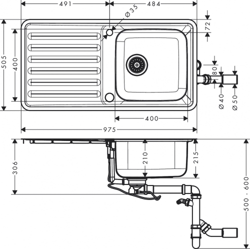 Hansgrohe S41 S4113-F400 beépített rozsdamentes acél mosogató 400/400 43338800