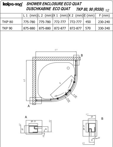 Kolpa-San Eco Quat TKP 90x90 cm negyedköríves zuhanykabin ezüst profillal + Ontex előlapos zuhanytálca + szifon