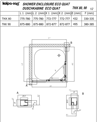 Kolpa-San Eco Quat TKK 90x90 cm szögletes zuhanykabin matt fekete 515280