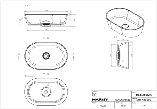 Marmy MAXIMO 60x35 cm öntöttmárvány mosdó, fehér 6 301 71 06 10 18 (K)