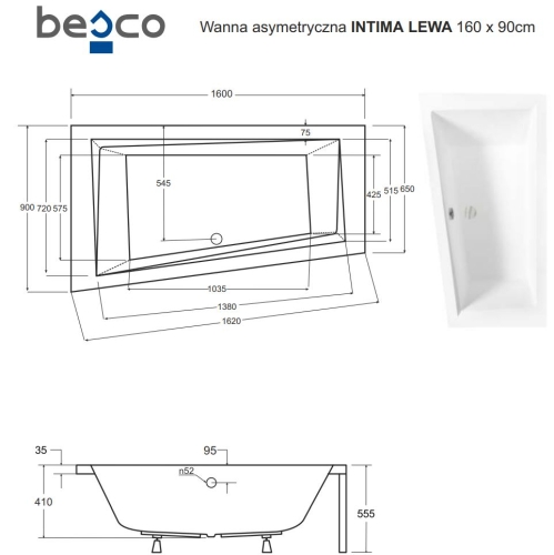 Besco INTIMA 160x90 cm balos aszimmetrikus kád, fehér WAIT-160-NL