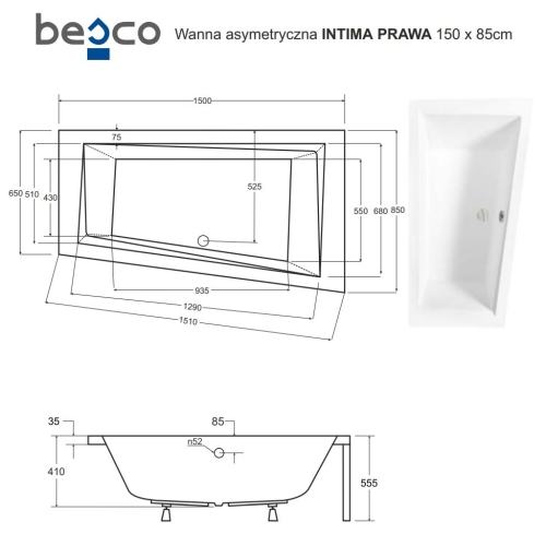 Besco INTIMA 150x85 cm jobbos aszimmetrikus kád, fehér WAIT-150-NP