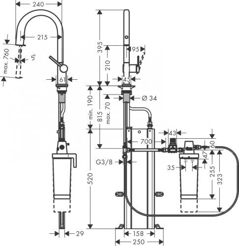 Hansgrohe Aqittura M91 Vízszűrős konyhai csaptelep 210, kihúzható zuhanyfejjel, 1jet, sBox, indulókészlet, matt fekete 76800670