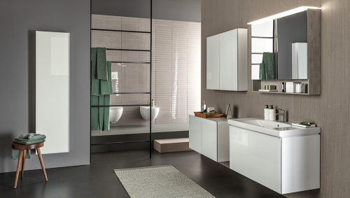 Geberit Acanto tükrös szekrény világítással, két ajtóval, 90x83x21.5cm, faerezetes melamin fakó tölgy 500.646.00.2