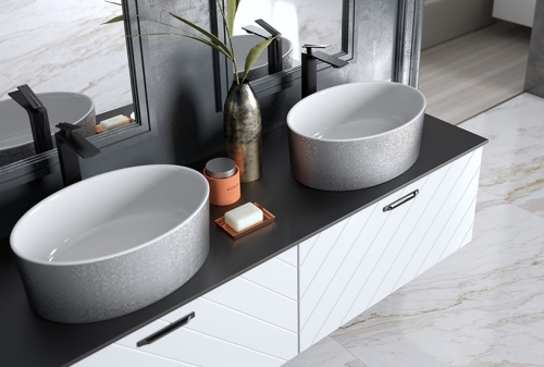 Besco UNIQA GLAM ezüst pultra építhető mosdó fehér click-clack leeresztővel UMD-U-NGSW