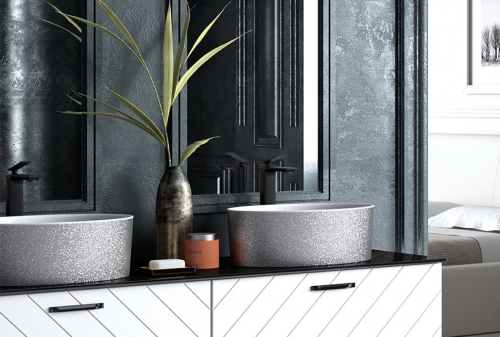 Besco UNIQA GLAM ezüst pultra építhető mosdó fehér click-clack leeresztővel UMD-U-NGSW