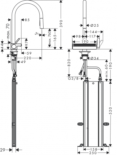 Hansgrohe Aquno Select M81 konyhai csaptelep 170 3jet, kihúzható kifolyóval, sBox, króm 73831000