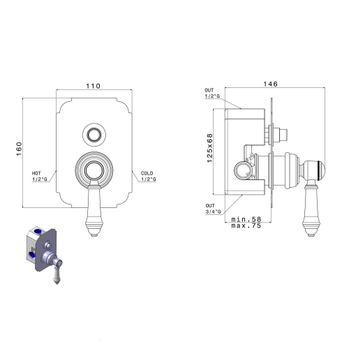 Sapho VIENNA falba süllyesztett zuhanycsaptelep, 2-irányú váltóval, zuhanyszett nélkül, króm (VO042)