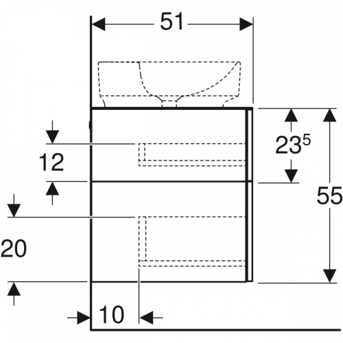 Geberit VariForm alsó szekrény pultra ültethető mosdóhoz, három fiókkal és bűzzárral, 120x55x51cm, matt festett/láva, láva/matt 501.184.00.1