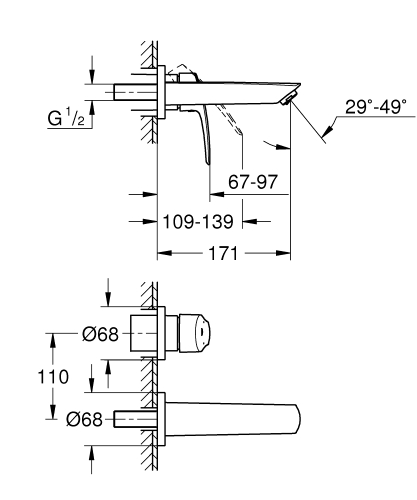 Grohe Eurosmart 2 lyukas fali mosdó csaptelep, S-es méret 29337003