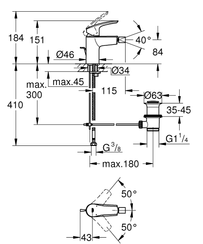 Grohe Eurosmart egykaros bidé csaptelep leeresztővel, S méret 32929003