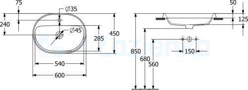Villeroy & Boch Architectura 60x45 cm beépíthető mosdó túlfolyó nélkül 5A666101