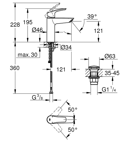 Grohe Eurosmart egykaros mosdó csaptelep klikk-klakk leeresztővel, M-es méret 23989003