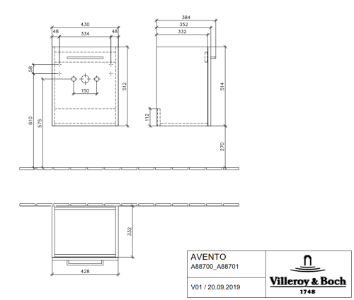 Villeroy & Boch Avento alsószekrény jobbos zsanér Crystal Black A88701B3
