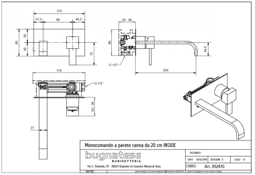 Bugnatese Inside Fal alatti mosdócsaptelep 20 cm törtkifolyóval, klikk-klakk leeresztővel, matt fekete 9247QSCOP