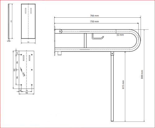 Sapho BEMETA HELP Felhajtható kapaszkodó, U-típus, WC papírtartóval, támasztékkal, takaróval, 750mm, matt 301407302N